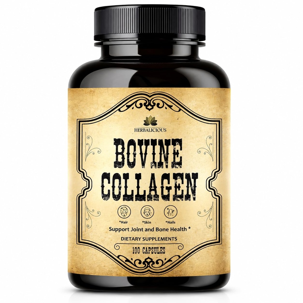 HERBALICIIOUS Kolagen bydlęcy Suplementy dla mężczyzn i kobiet 124; Zhydrolizowany kolagen tarczowy bydła Peptydes 124; Joint, Nerve & Bone Support 124; Non- GMO, Anti- Aging 124; 100 Kapsułki