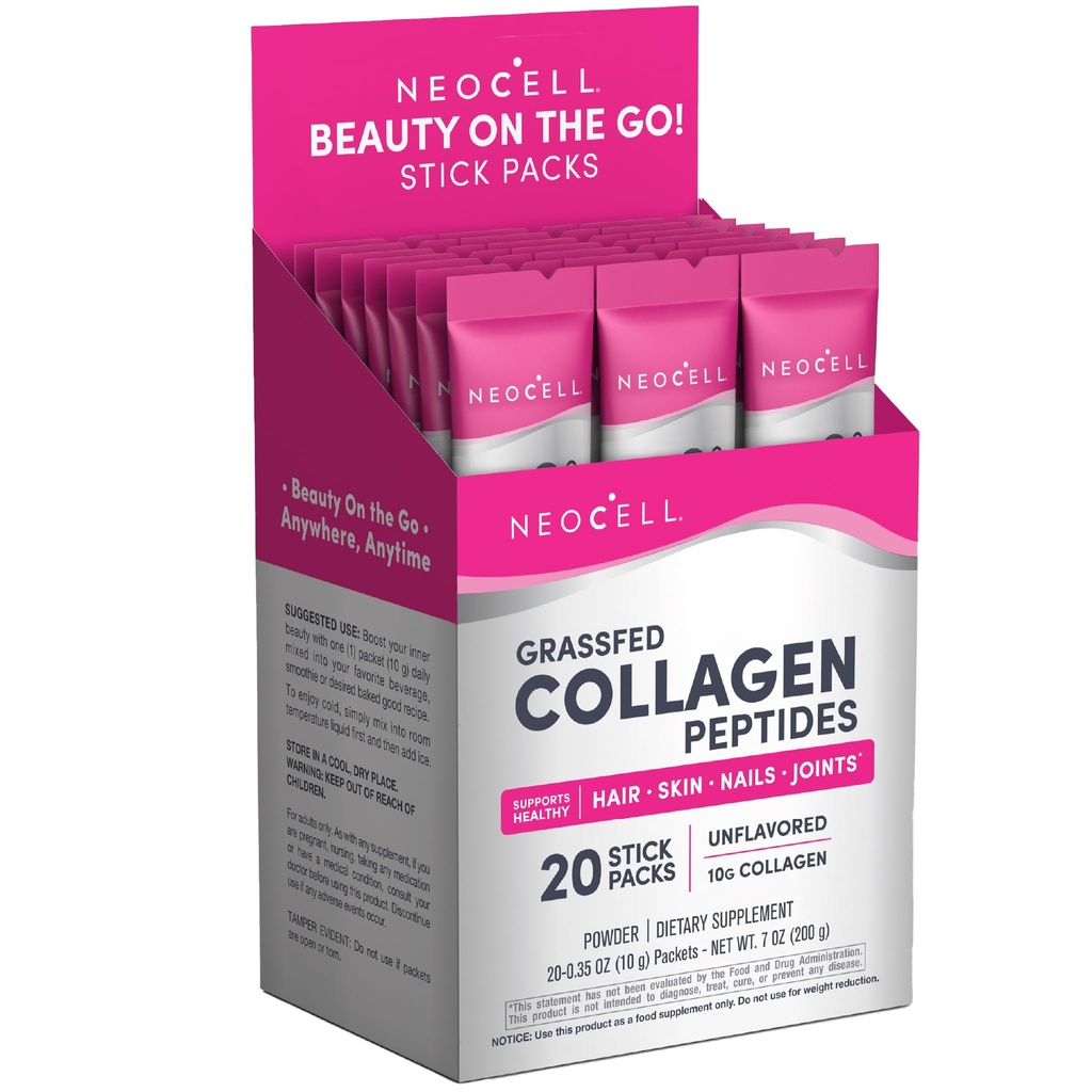 NeoCell Super Collagen Peptydes, 10 g Collagen / Single- Serve Packet; Keto Certified, Gluten Free; for Healthy Skin, Hair, Nails and Joint Support; * Unflavored Powder, 20 Serves, 7 Oz.