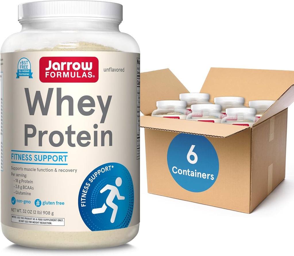 Jarrow Fixas Białko serwatki z 18g białka, 3.8g BCAA i glutaminy, Suplement diety dla mięśni Function & Recovery Support, 32 Oz Unflavored Proszek, Około 38 Day Supply, 6 Packs