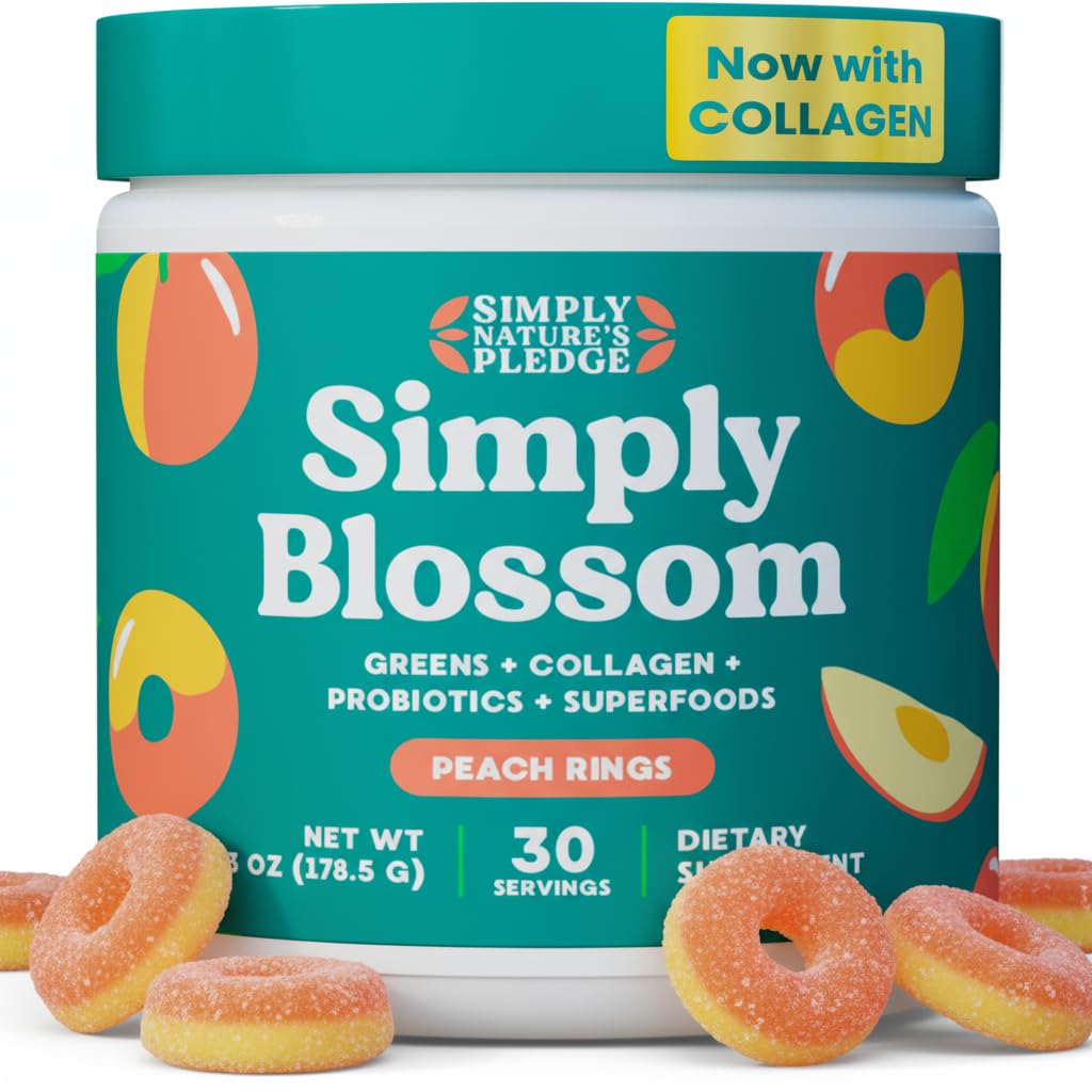 Simply Blossom Nutrition Daily Greens & Superfood Powder + Collagen + Probiotics for Women's Digestive Health & Bloating Relief. Help Your Health Bloom - 30 Day Supply - Peach Rings