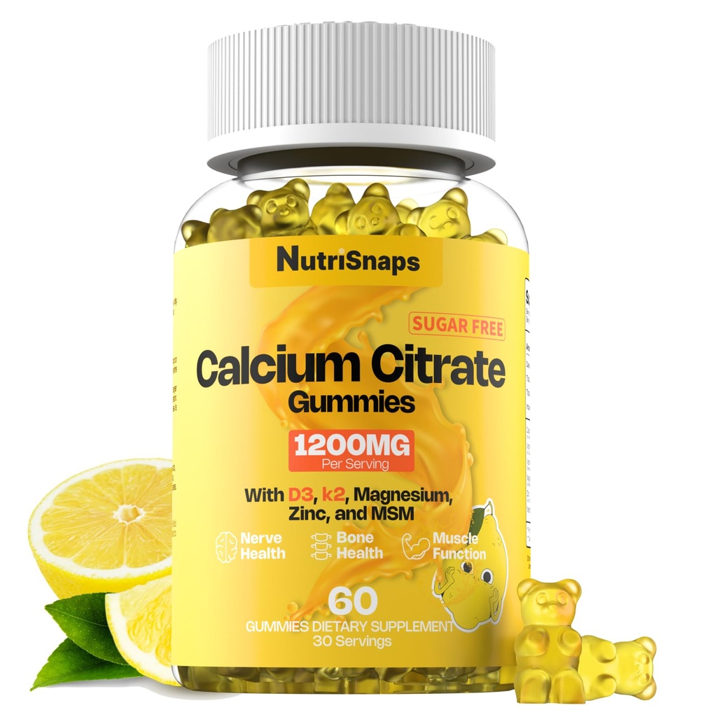 Bezcukrowe Gummeje wapniowe 1200mg z witaminą D3 K2, Magnez, Cynk, MSM dla mężczyzn i kobiet, Kości, Mięśnie, Wsparcie immunologiczne, Ultimate Absorption Calcium Supplement, Wegan, 60 Count
