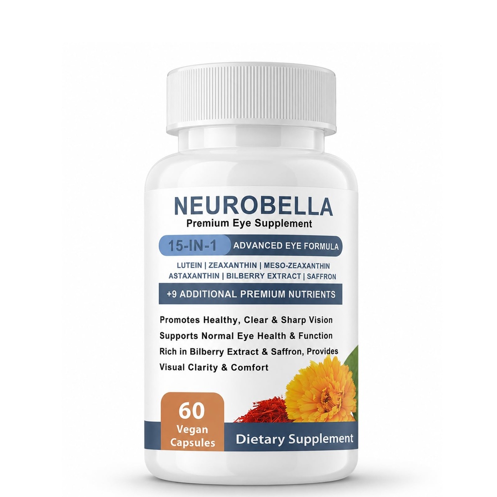 Neurobella 15-in-1 Advanced Eye Formula Nutritional Support Capsules - Containing carotenoids (Lutein, zeaxanthin, etc.),Bilberry Extract and Saffron, 60 Capsules