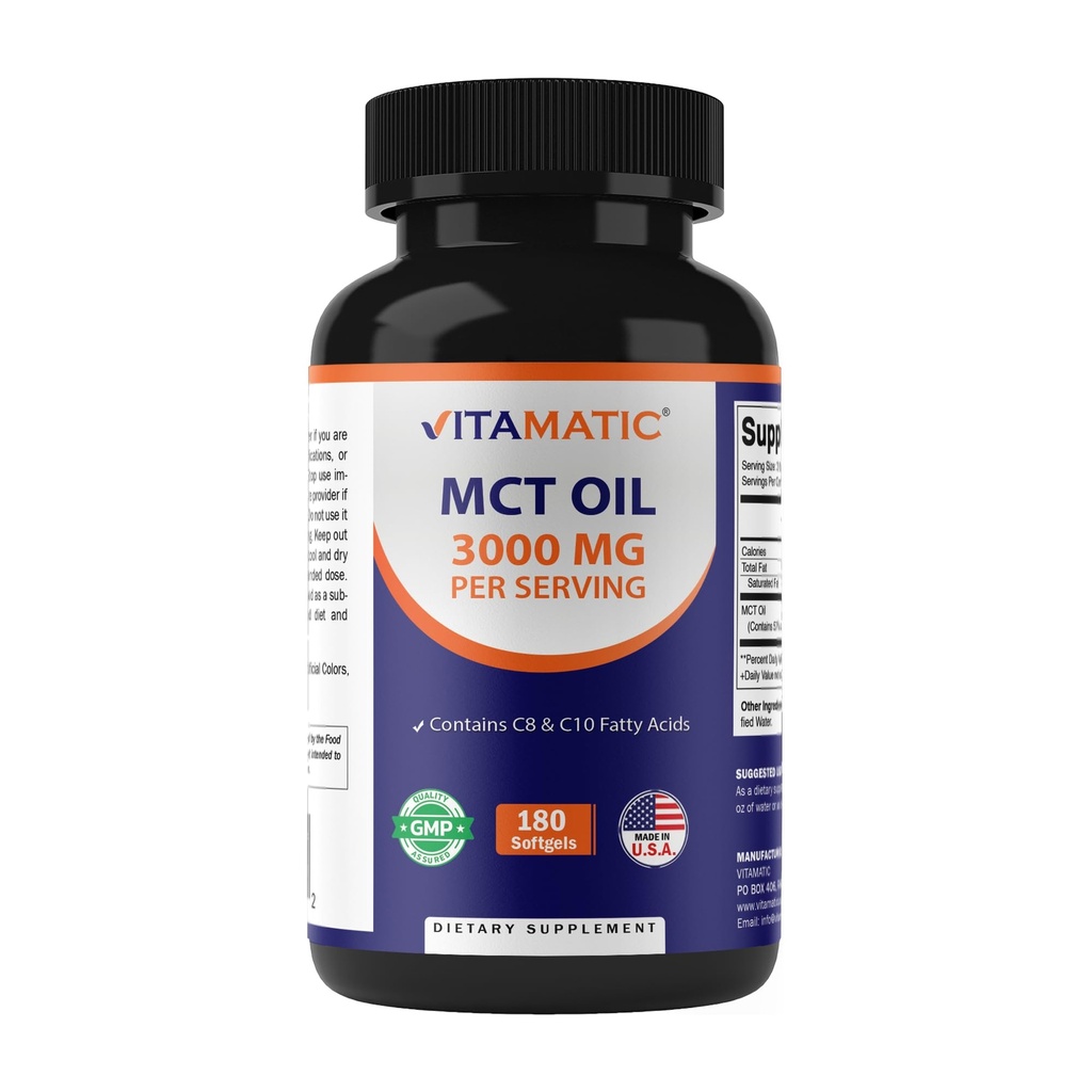 Witamatyczna MCT Olej 3000 mg na jedną porcję - 180 Softgeli - z oleju kokosowego - zawiera 55% kwasu kaprylowego C8 i 40% kwasu kaprylowego C10