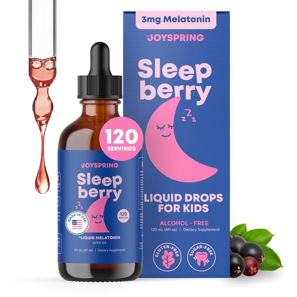 JoySpring SleepBerry - Kids Melatonin Liquid - 3MG Melatonina z D3 i Elderberry - Płyn bez cukru dla dzieci i nastolatków - Delikatna formuła wsparcia naturalnego snu (4 fl oz)
