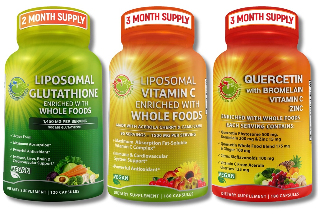 UZASADNIENIE USTUDIO Immune Support Bundle - Witamina Liposomalna C 1500mg + Glutation Liposomal 500mg + Quercetin z Bromelainem, Cynk & Witamina C - Wegan, Non-GMO, Zwiększona absorpcja