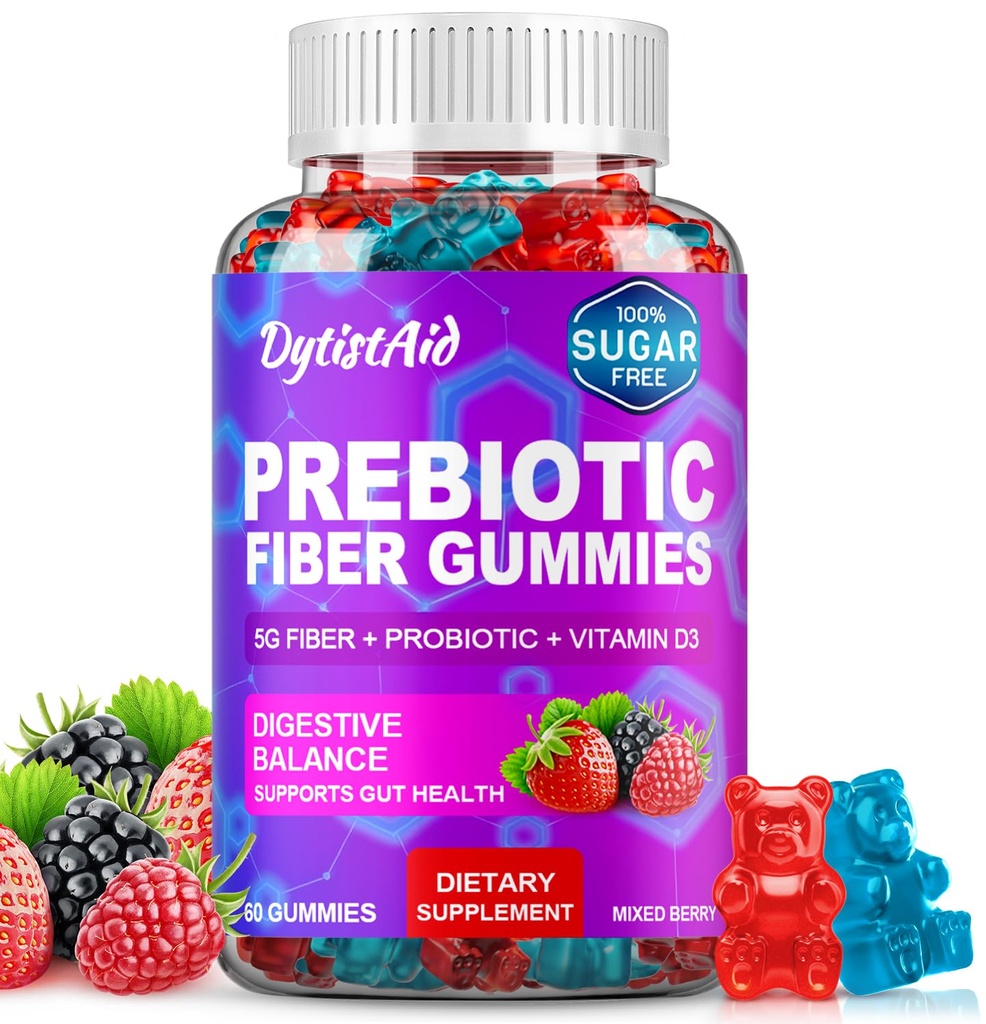 Prebiotic Fiber Gummies, 5g Fiber per Serving, 2 Billion CFU Bacillus Coagulans + Vitamin D3, Sugar Free Pectin Mixed Berry Gummies, Inulin (FOS) + Acacia + Apple Pectin, 60 Gummies (30 Servings)