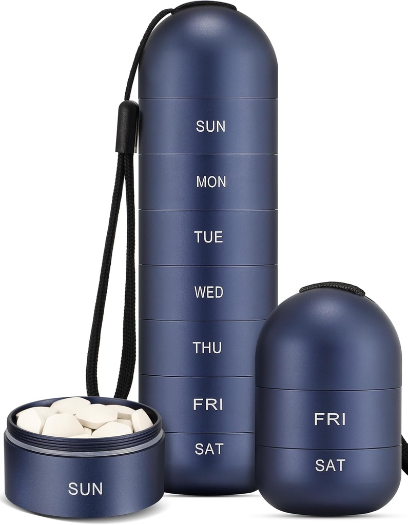 Zannaki Metal Moisture Proof Weekly Pill Organizator, Stackable Aluminium Alloy BPA Free Travel Turystyka 7 dni Pill Box Case Wodoodporny i duży komplet do przechowywania tabletek, Witaminy, Olej rybny, Suplementy