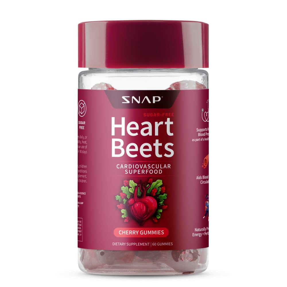 Suplementy Snap Heart Beets Organic Buek Gummies, Kardioviral Supplement for Men & Women, Granat, Red Spinach, Heart Health & Circulation Support, Sugar Free, Cherry, 60 Gummies