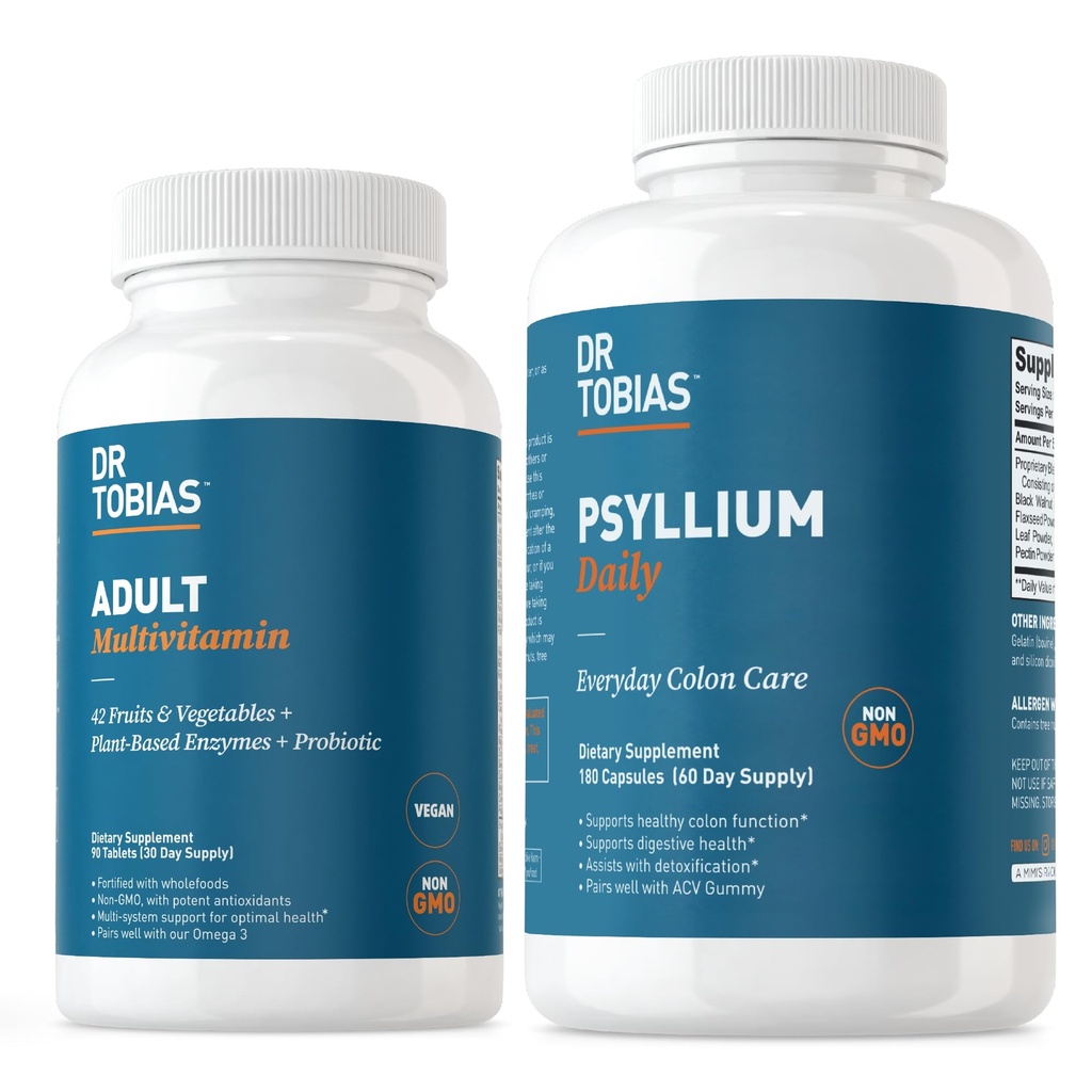 Dr. Tobias Adult Multivitamin & Psyllium Codzienne Wspomaga Energia, Immunitet & Zdrowe Movement z 42 Fruits & Vegatables, Psllium Husk, Bentonite Clay, Nasienie lniane i Naturalne Składniki