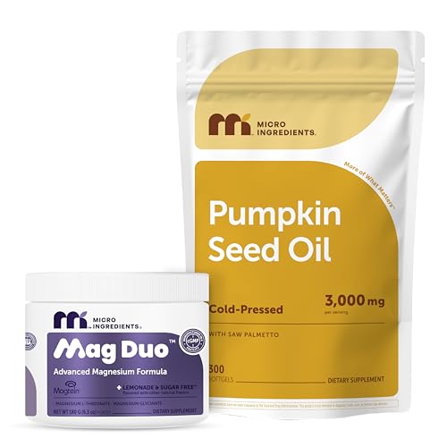Micro Ingredients Mag Duo Magtein Magnesium L‑Threonate Powder & Pumpkin Seed Oil Softgels 2 Pack Bundle | with Magnesium Glycinate for Calm, Sleep & Focus Support | Saw Palmetto & Phytosterols