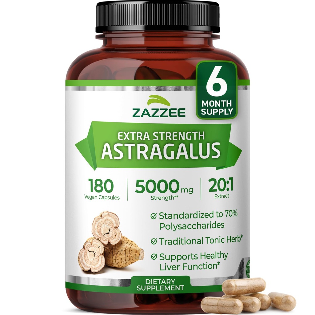 Zazzee Ekstra Siła Astragalus Korzeń 20: 1 Ekstrakt, 5000 mg Siła, 70% Polisacharydy, 180 Kapsułki wegańskie, 6 Miesiąc Dostawy, 100% Wegetarianin, Standaryzowane i skoncentrowane 20X Ekstrakt, Non-GMO
