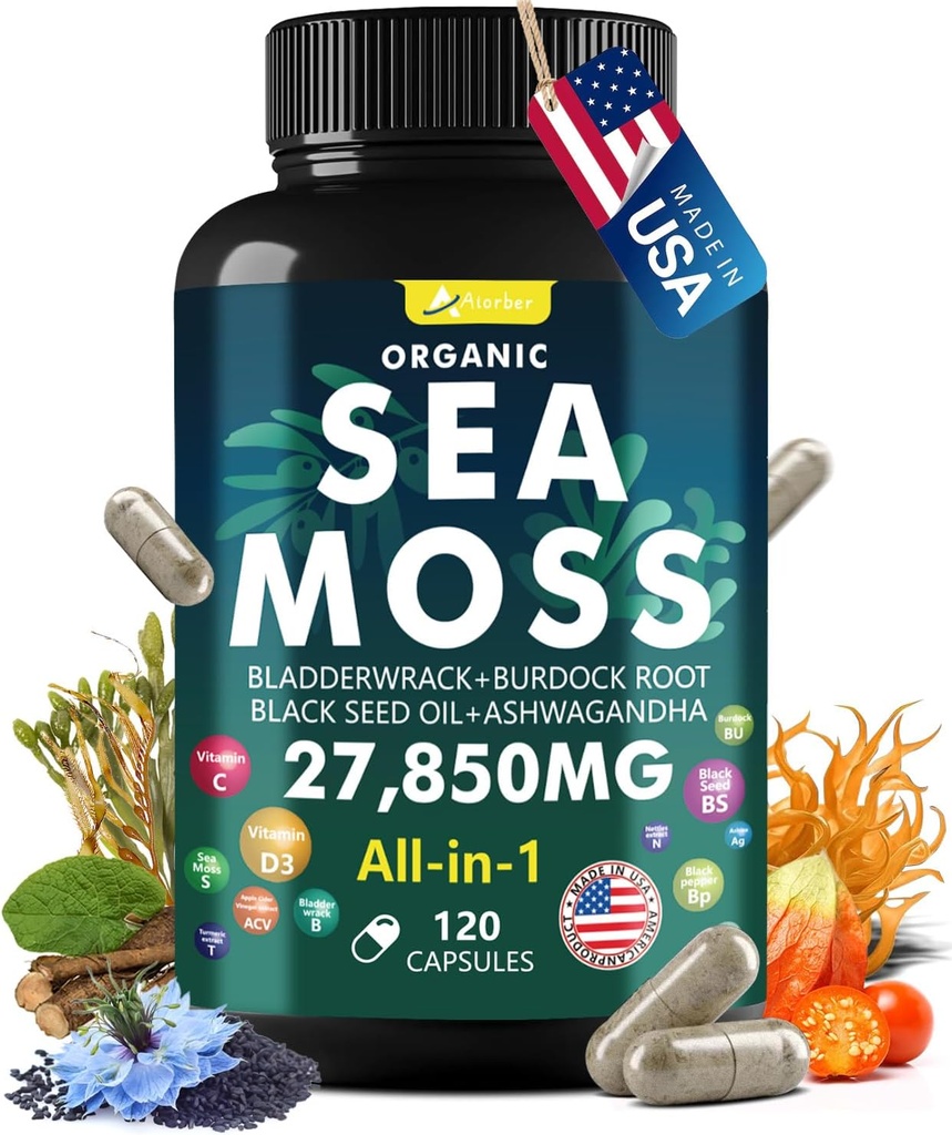 Sea Moss Capsule Complex with Sea Moss, Black Seed Oil, Aşhwagandha, Ginger & Vitamins C, D3- 120 Kapsułki, Superfood Supplements - Advanced Seamoss Pills, Wild Sea Moss Pills, Made in USA