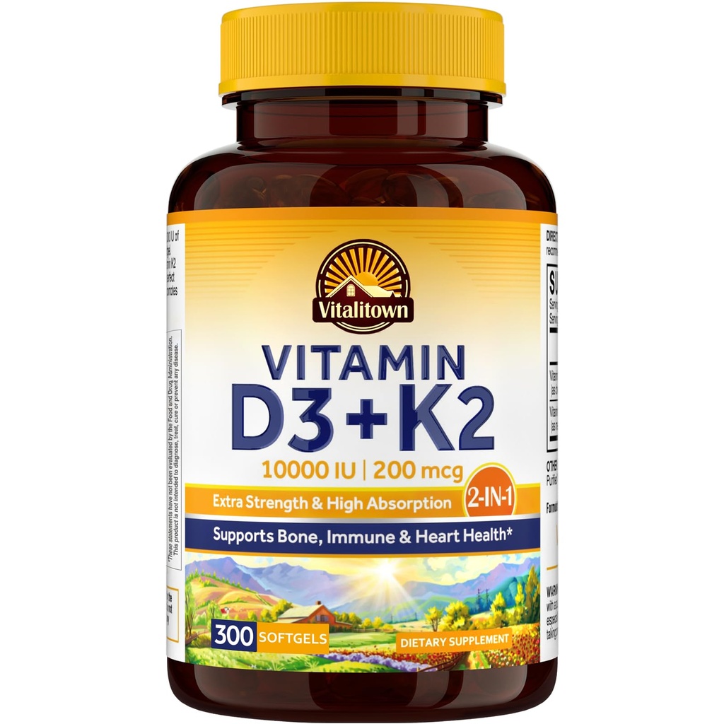 Vitalitown Vitamin D3 K2 Supplement, Vitamin D3 10000 IU Vitamin K2 (MK7) 200 mcg, 300 Softgels, Non-GMO, No Gluten & Soy, for Bone, Teeth, Immune & Heart Health