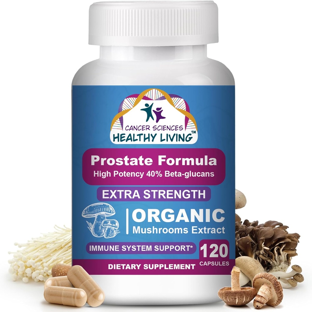 Raka Sciences Prostate suplementy Wellness dla mężczyzn, USDA Certified Organic Mushrooms Extract, Extra Siła 1500 mg, Wysoka moc 40% Beta- Glukany, Immune, Przeciwstawne, Przeciwutleniacze, 120 Kapsułki