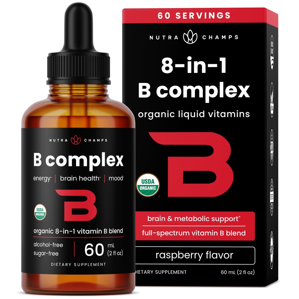 USDA Organic Witamina B Complex Liquid Drops Podjęzykowe B12 Metykobalamina 124; B1, B2, B3, B5, B6, B7, B9 Methylled B Vitamins Complex for Women & Methycobalamine 124; Biotyna, Niacynamid, Folate & Folic Acid, 2oz