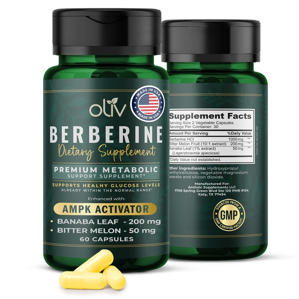Oliv Pure Berberine Supplement Kapsułki - Berberine HCI 1000mg - Naturalne Wsparcie Metaboliczne z 200mg Bitter Melon Fruit Extract i 50mg Banaba Leaf - 2 Kapsułki wegetariańskie Daily (30 Servings)