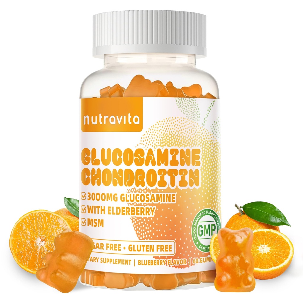 Nutravita Glukozamina Gummies Chondroitin z mumm & Elderberry Extra Siła - Wspólne wsparcie, Antyoksydant immunologiczny Suplement wsparcia dla dorosłych, Mężczyźni & Kobieta.60 Pomarańczowe żucia