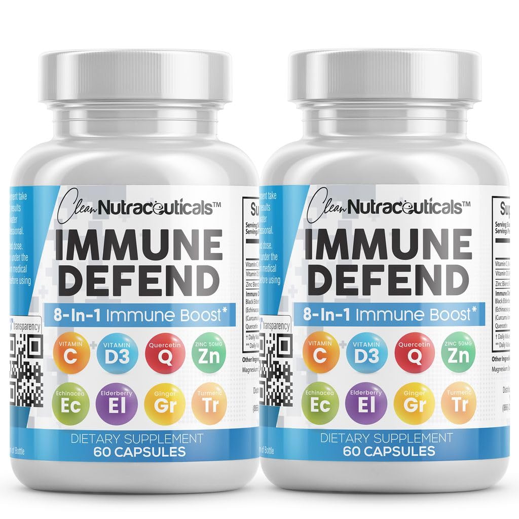Immune Defense Support Supplement 8 in 1 w/ Zinc 50mg Quercetin, Vit C 1000mg, Vitamin D3 5000 IU, Elderberry, Turmeric Curcumin, Ginger, Echinacea - Immunity System Booster Adults Vegan - 60Ct (2)