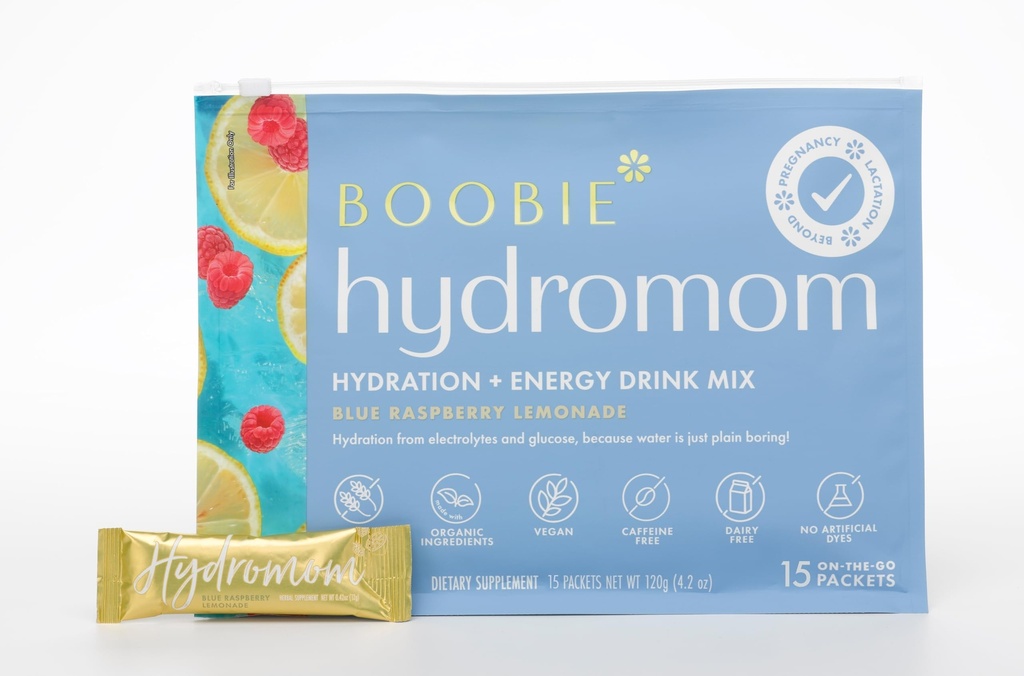 Boobie Hydromom Superfood Electrolyte Drink Mix, Blue Raspberry Lemonade | Refreshing Energy & Hydration Boost for Mamas | On-The-Go & Travel Essentials for Pregnancy, Lactation, & Beyond, 15 Packets