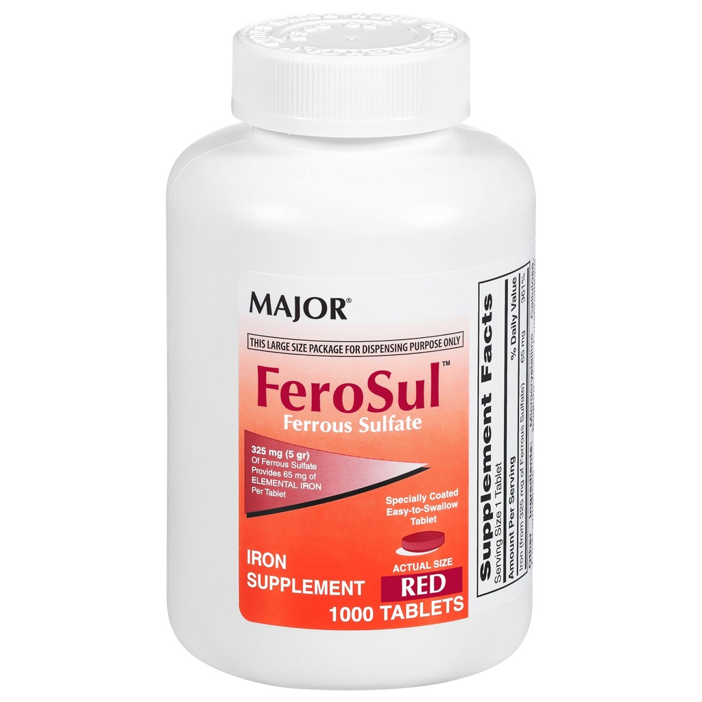Major FeroSul - Żelaza siarczan 325 mg tabletki - Żelaza Suplement dla Kobiet i Mężczyzn - Specjalnie powlekane tabletki easy- to- Połknięcie - Czerwony - 1000 Liczba