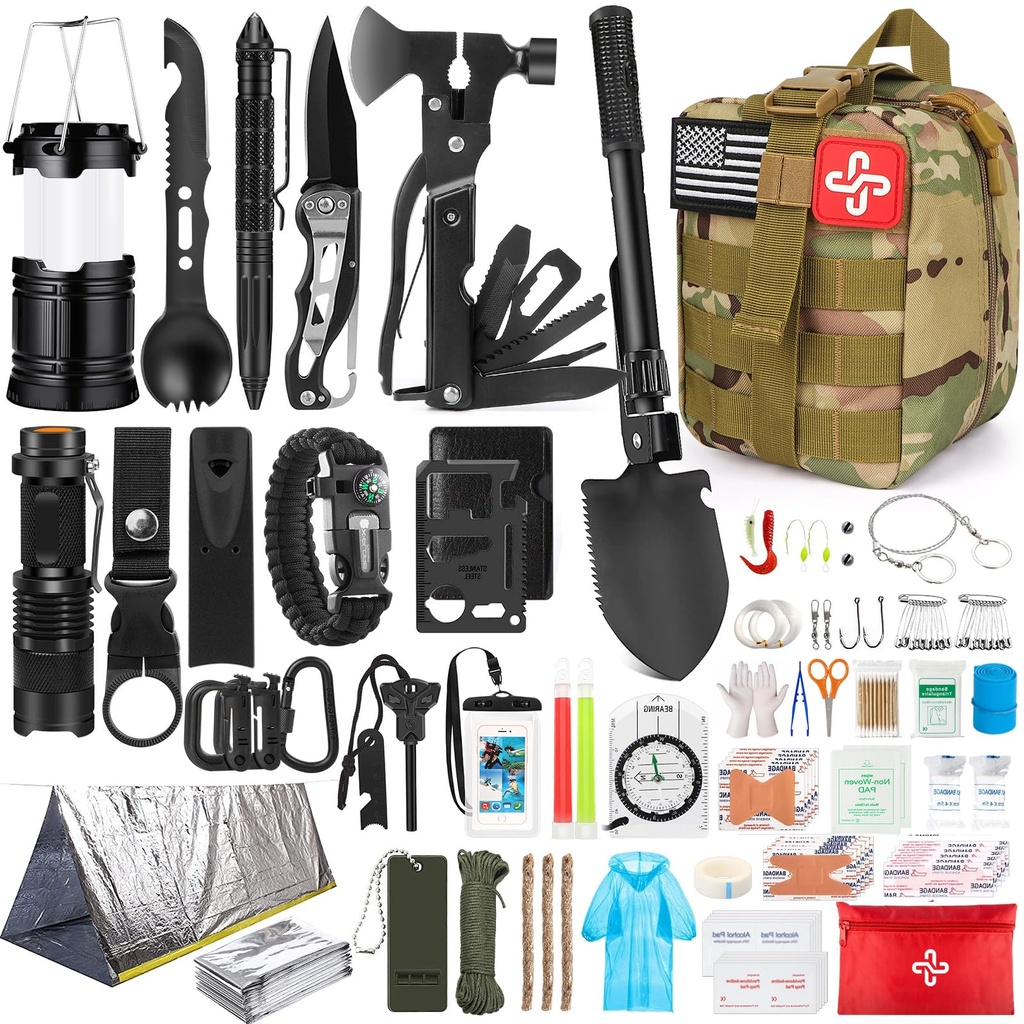 Survival Kit, 250Pcs Survival Gear First Aid Kit with Molle System Compatible Bag and Emergency Tent, Emergency Kit for Earthquake, Outdoor Adventure, Hiking, Hunting, Gifts for Men Women