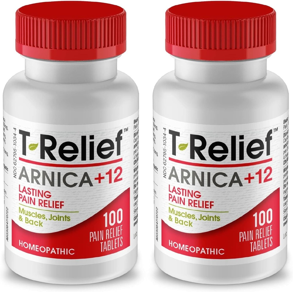 T- Relief Arnica + 12 Natural Relieving Actives for Back Pain Joint Soolness Muscle Aches & Stiffness, Whole Body Fast Assing Relief for Women & Men - 100 Tablets (2 Pack)