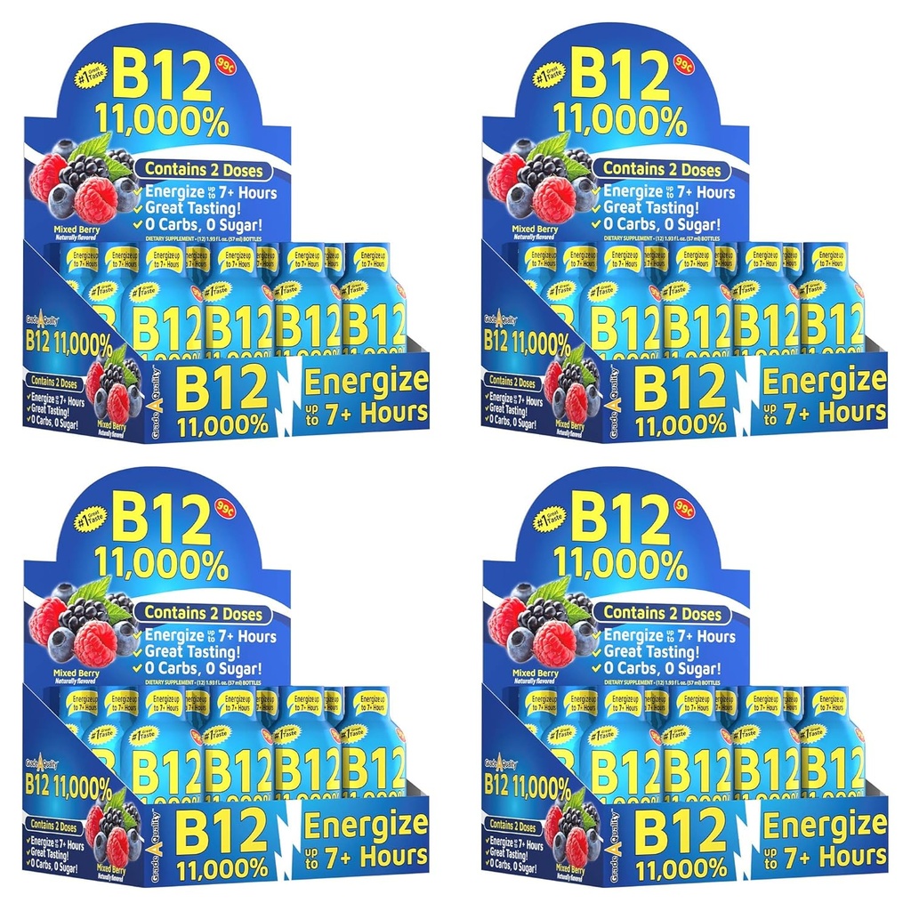 Klasa A Jakość, B12 Mieszany aromat jagodowy, do 7 + Godziny energii, 1.93 Fl Oz, 48