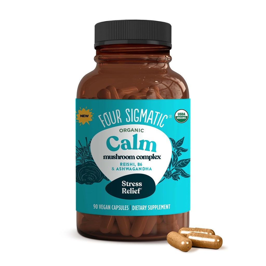 Cztery Sigmatic Calm Kapsułki 124; Wegan Stress Relief Suplement do promowania pozytywnego nastroju z organicznego proszku Ashwagandha, Organic Reishi Mushroom, Tulsi (Holy Basil Extract), Witamina B6