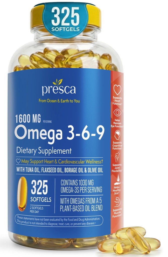 Omega 3- 6- 9 Suplement diety (325 szt.) - Promowanie funkcji wizualnej i zdrowia oczu - Serce podtrzymujące, Zdrowie układu sercowo-naczyniowego, Zdrowa skóra, włosy i ogólne zdrowie (Omega 3- 6- 9)
