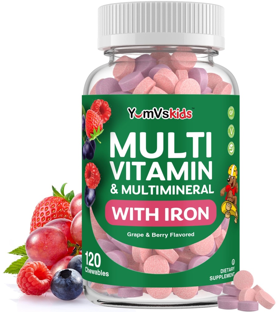 YumVs Kids Multivitamin with Iron & Minerals Chewable Tablets – Grape & Berry Flavor Vitamins for Toddlers & Children Age 2+ – Daily Multivitamin for Immune Support – Kosher, Non-GMO – 120 Chewables