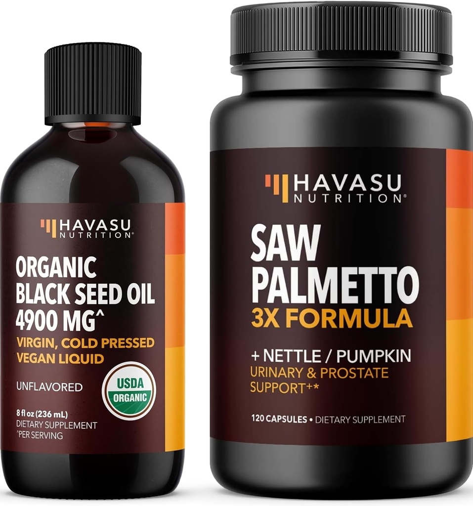 HAVASU NUTRITION Black Seed Oil Organic Cold Pressed Liquid (8 Fl Oz) & Pumpkin Seed Oil with Saw Palmetto for Men (60 Servings)