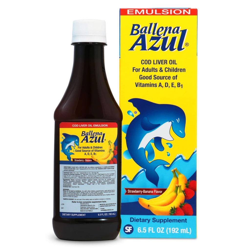Ballena Azul Aceite de Hígado de Bacalao para Adultos y Niños, COD Liver Oil for Adults and Children, Source of Vitamins A,D,E, B1, Dietary Supplement, Omega 3,Inmune System Boost(Strawberry Banana)