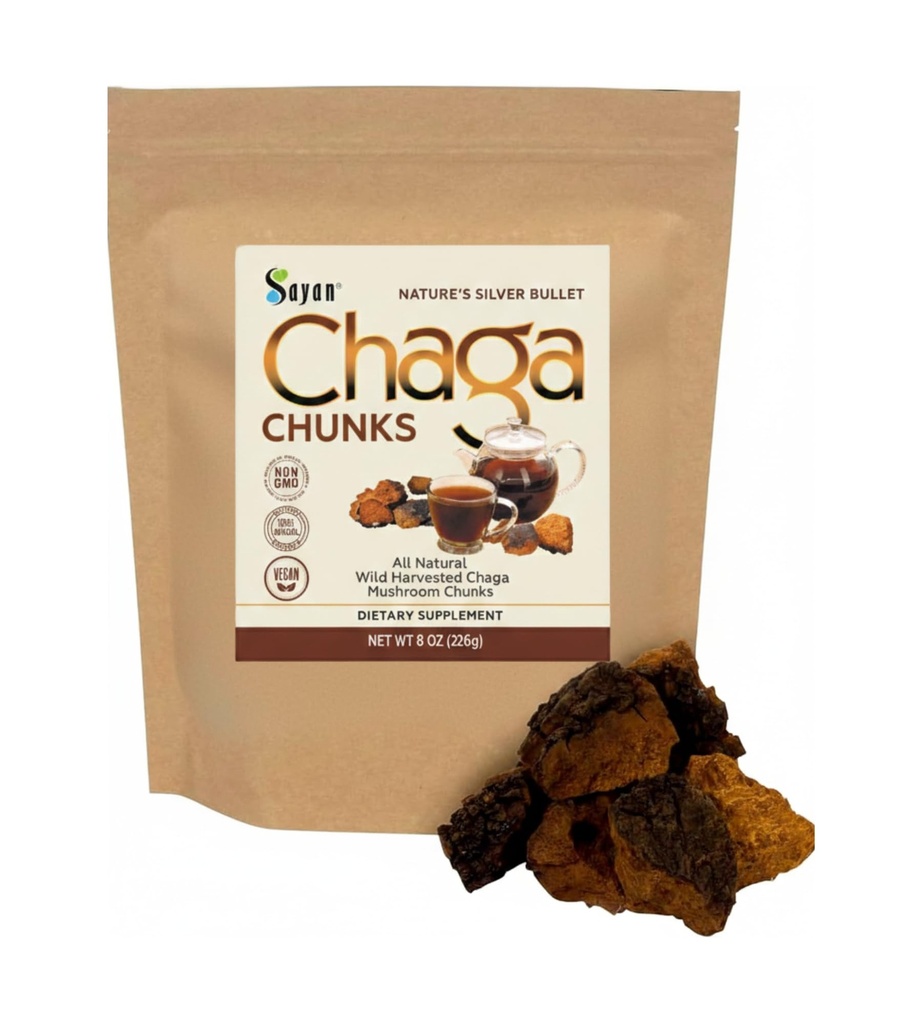 Sayan Syberyjski Pure Raw Chaga Grzyby z Black Top Crust 8 Oz / 223 g - Premium Wild- Harvered Antioksydant Tea for Immune Support, Focus and Digestive Health - Non-GMO