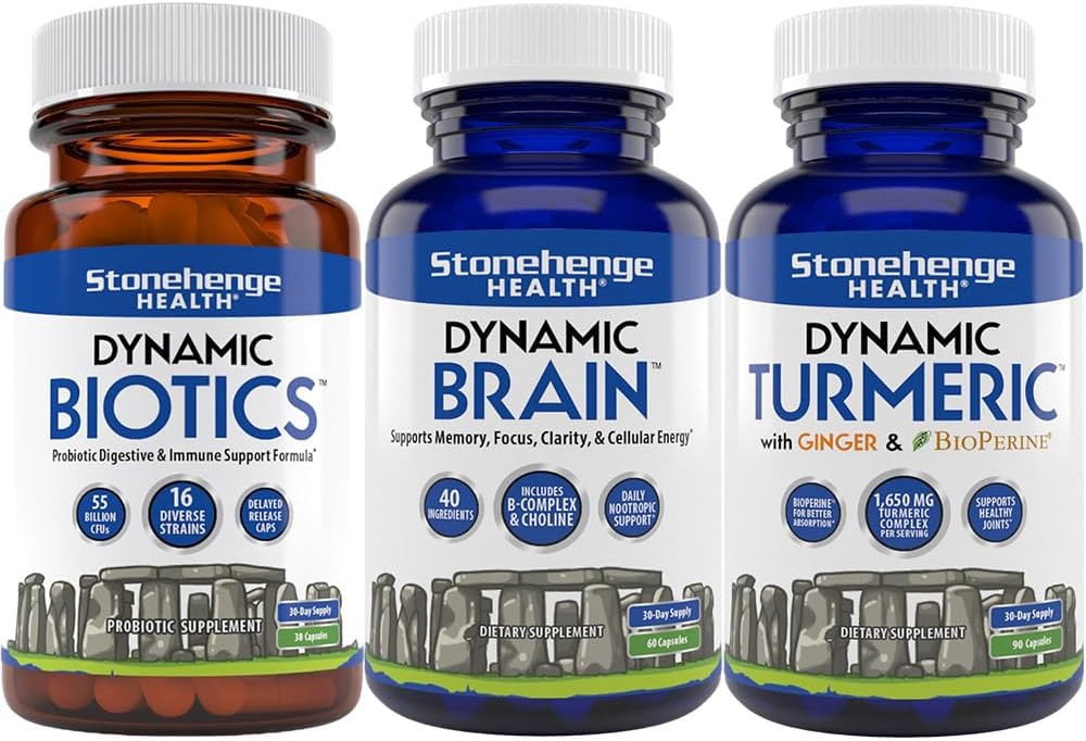 Stonehenge Health Dynamic Biotics Probiotic, Dynamic Brain, Dynamic Turmeric: Energia, Łączniki, Trawienie, Wsparcie Kognitywne, Pamięć, Focus, i Clarity
