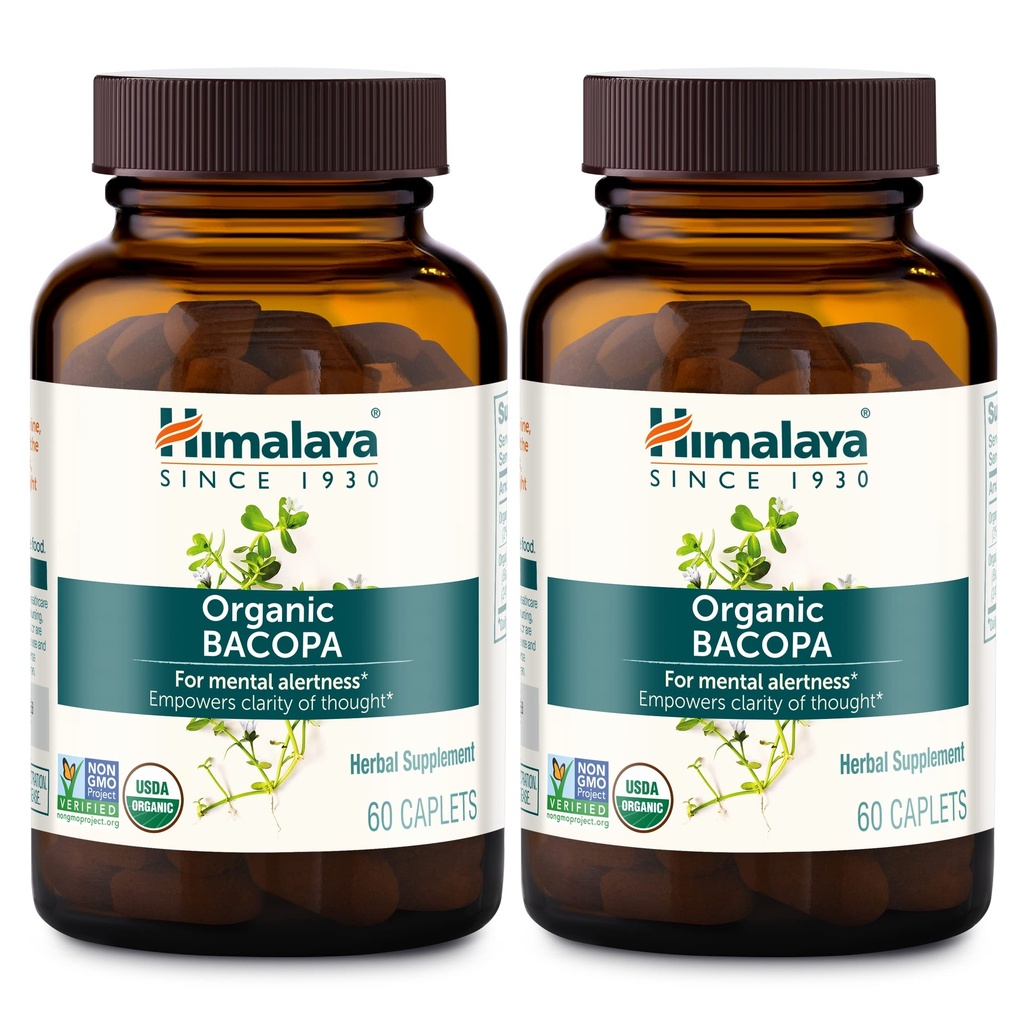 Himalaya Bacopa Monnieri Nootropowy suplement ziołowy, Alertywność mentalna, Wspomaga spokój, Pamięć, Krążenie, USDA Organic, Non-GMO, 750 mg, 60 Plant- Based Caplets, 2 Pack, 120 Day Supply