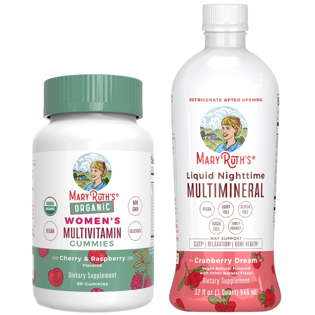 MaryRuth 's Multivitamin Gummies for Women (Cherry & Raspberry) & Liquid Nighttime Multimineral (Żurawiny) 124; Clean Label Project Verified ® Revised 124; Vegan, Non-GMO British 124; Beauty, Bedtime, General Health