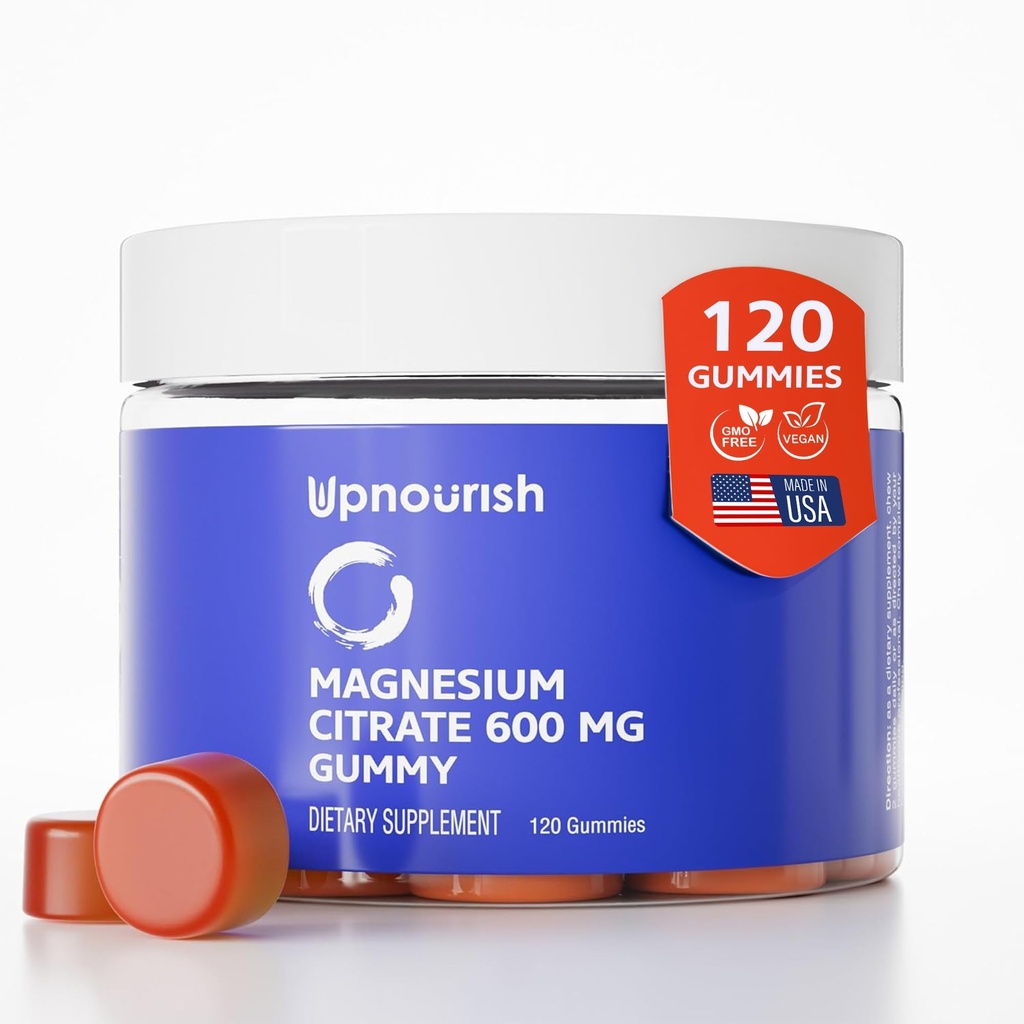 Gummy magnezowe UpNourish dla dorosłych i dzieci Magnezu Cytrate Gummies 600mg, Suplement do Relaksacji Mięśnie, Kości i Digestive Health, Citrato de Magnesio, Wegan, Non-GMO, 120 Count