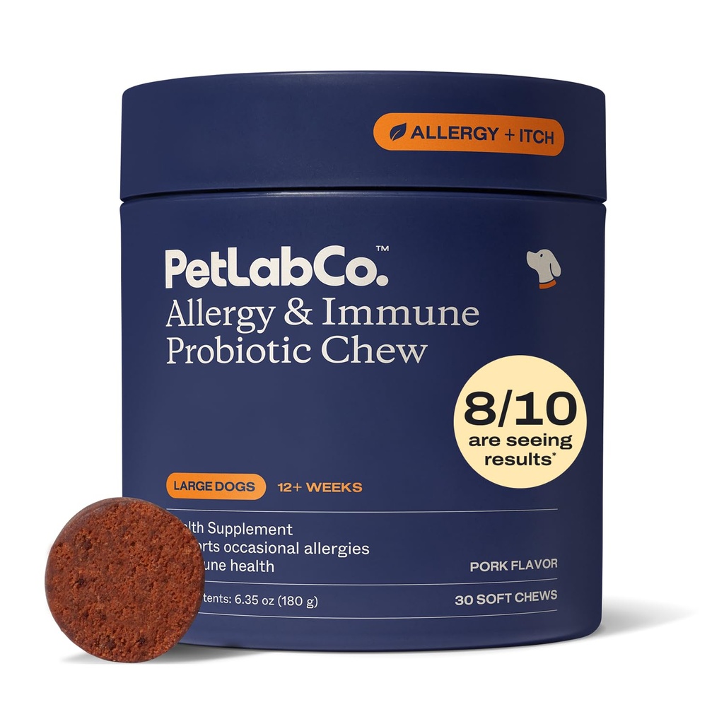 PetLab Co. Alergia i immunologiczne codzienne probiotyki dla psów. Wspiera produkcję drożdży, alergie sezonowe, zaburzenia swędzenia, Gut & Digestive Health dla dużych psów - 30 żuć - Opakowania maja Vary