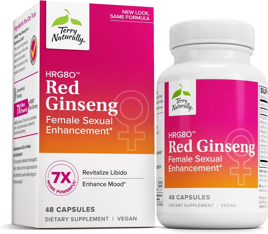 Terry Natural HRG80 Red Ginseng Kobieta Sexual Enhancement - Suplement diety do cyrkulacji, Endurance & Energy Support - Vitality Support with Ashwagandha, Red Ginseng & Zinc - 48 kapsułki