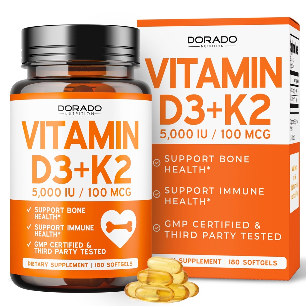 Vitamin D3 K2 Supplement (180 Softgels) Vitamin D3 K2 5000iu/100mcg - Supplement with D & K - Support Bone and Immune Health for Adult - Vegan, NON GMO, Third Party Tested - Made in USA -180 Count