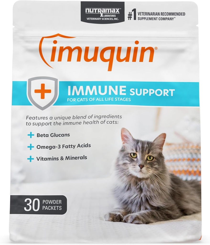 Nutramax Imuquin Immune Health Supplement Powder for Cats, z Beta Glucans, Lipidy morskie, Witaminy i Minerały, 30 Pakiety, Aktualizacja wersji