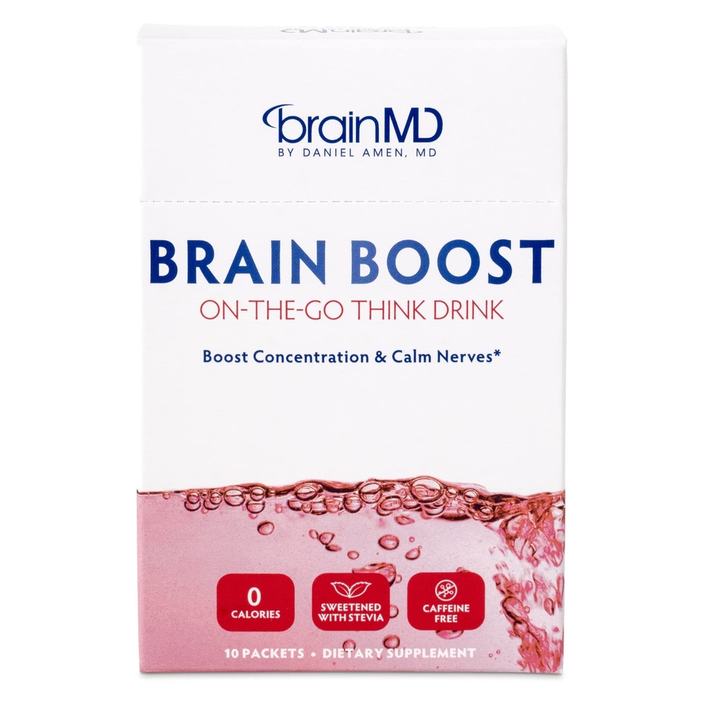 BRAINMD Dr Amen Mózg Boost On The Go - 10 Pakiety, Berry Flavor - Napoje nootropowe proszek, Promotes Focus, Clarity & Mental Energy - Kofeina Free, Gluten Free - 10 Sługi