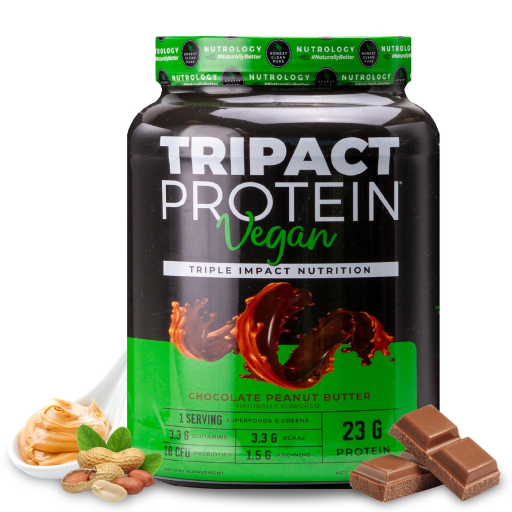Nutrologia TRIPACT Vegan Protein Powder - Organic Pea, Rice & Pumpkin Protein, BCAA & Glutamine Plant-Based Meal Replacement Shakes for Muscle Recovery & Immunity, Chocolate Peanut Masło, 20 Służenia