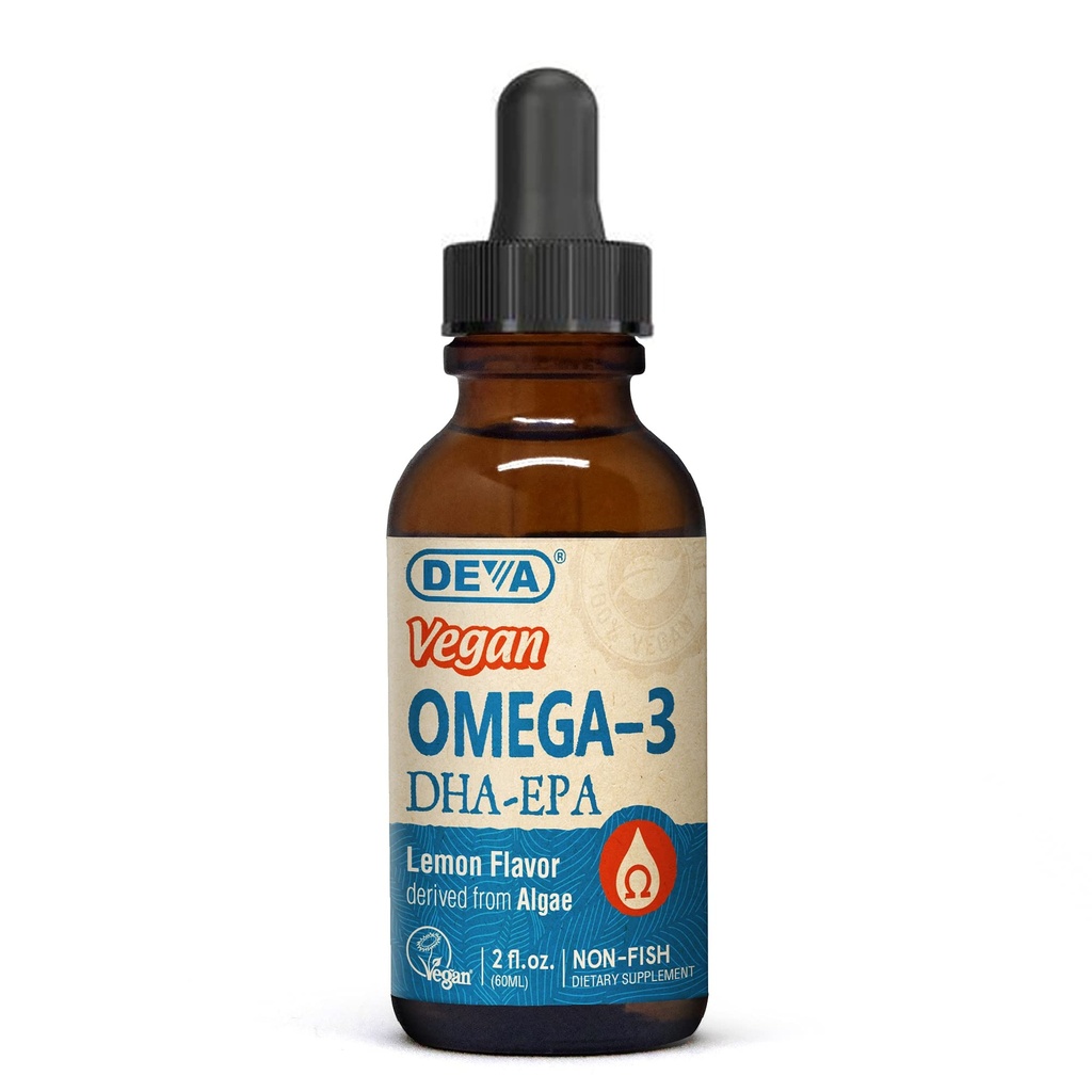DEVA Vegan Omega-3 Liquid DHA - EPA, Non Fish from Algae, Lemon Flavor, 2 unce
