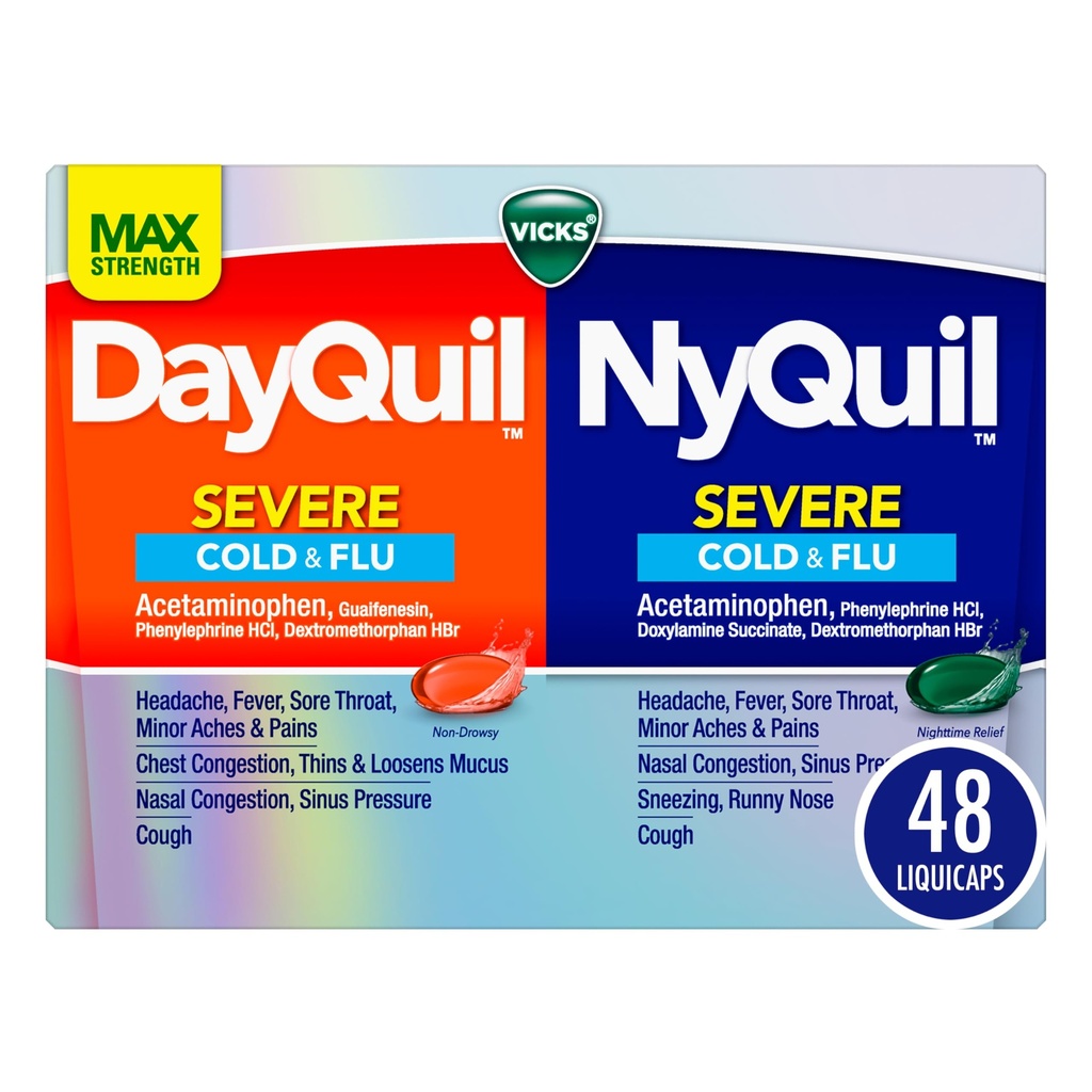 VICKS DayQuil & NyQuil SEVERE Co- Pack, Cold & Flu Medicine, Potężna ulga dla bólu głowy, Gorączka, Ból gardła, Drobne Ache & Pains, Zatory, Ciśnienie zatok, Stuffy Nose, i kaszel, 48 LiquiCaps