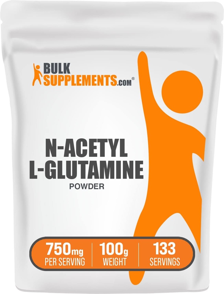 BulkSupplements.com N- Acetyl L- glutamina proszek - suplement glutaminy, L glutamina proszek, Gut Health & Recovery - bez glutenu, 750mg na jedną porcję, 100g (3,5 oz) (opakowanie po 1)