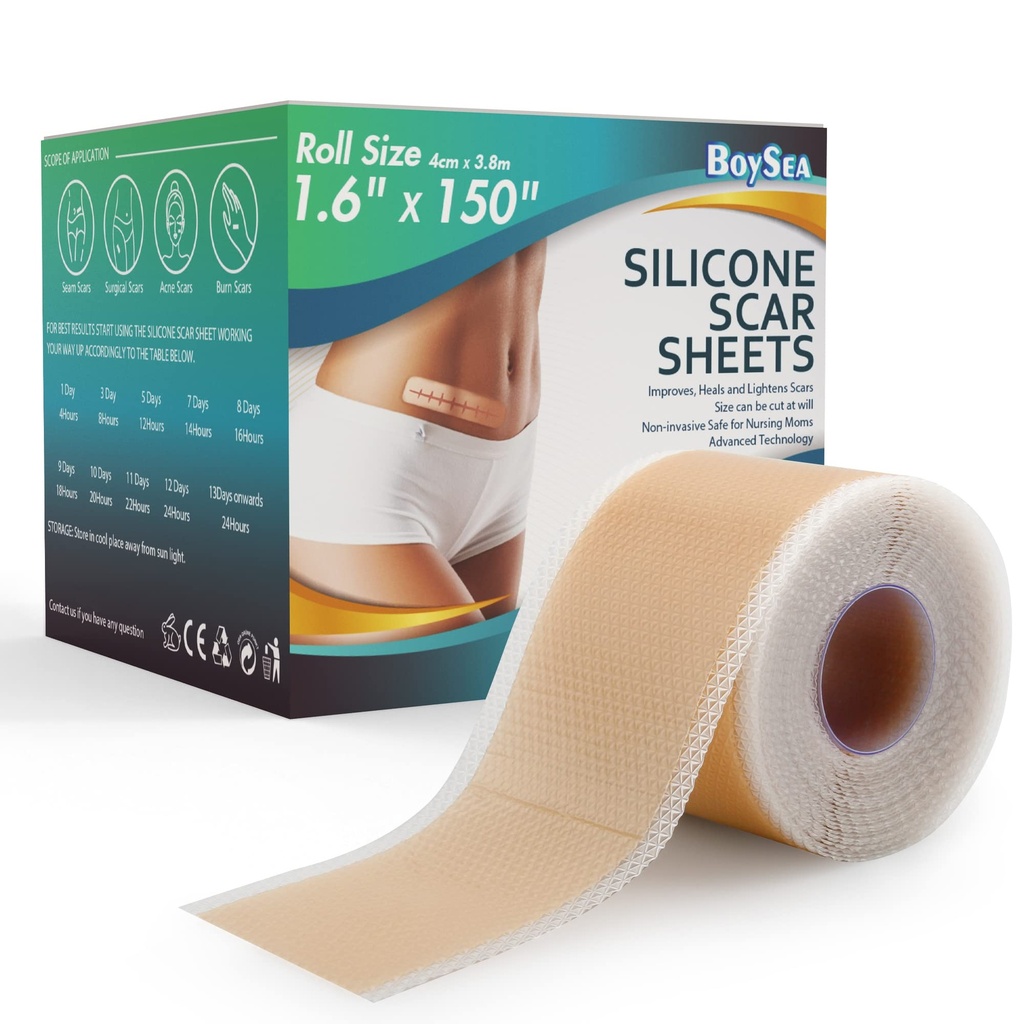 Profesjonalne arkusze z silikonową blizną (1.6 "x 150" Scar Roll- 3.8M) - Leczenie usunięcia blizn - wielokrotnego użytku taśmy z silikonową blizną typ dla Kloida, C- Sekcja, Chirurgia, Burn, Trądzik i
