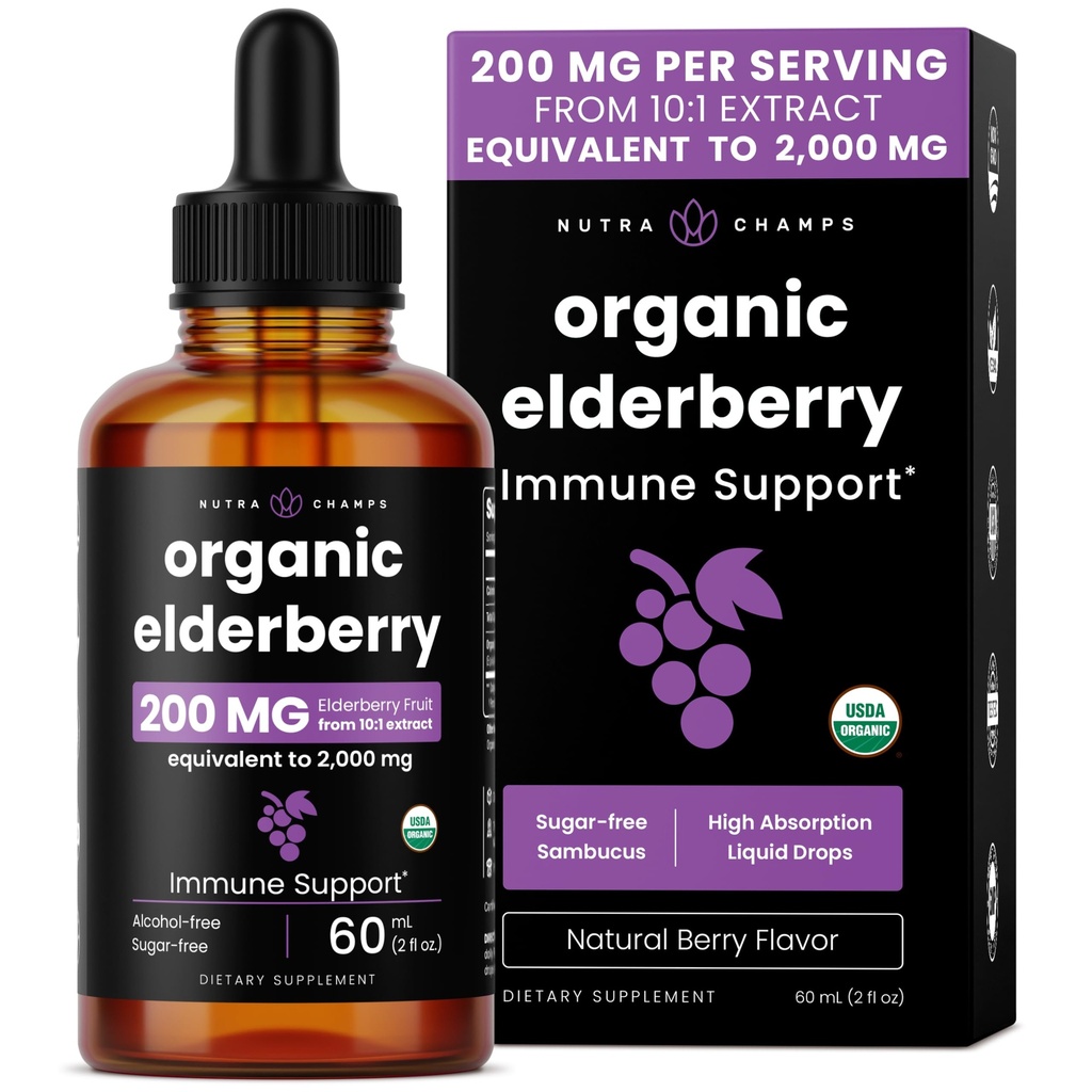 NutraChamps Black Elderberry Syrop, Potent 2000mg 10: 1 Ekstrakt Sambucus Elderberry Syrop Przeciwutleniacz, Drops Berry Flavor, Liquid Elderberry Extract Sugar- Free 2oz, Wsparcie immunologiczne