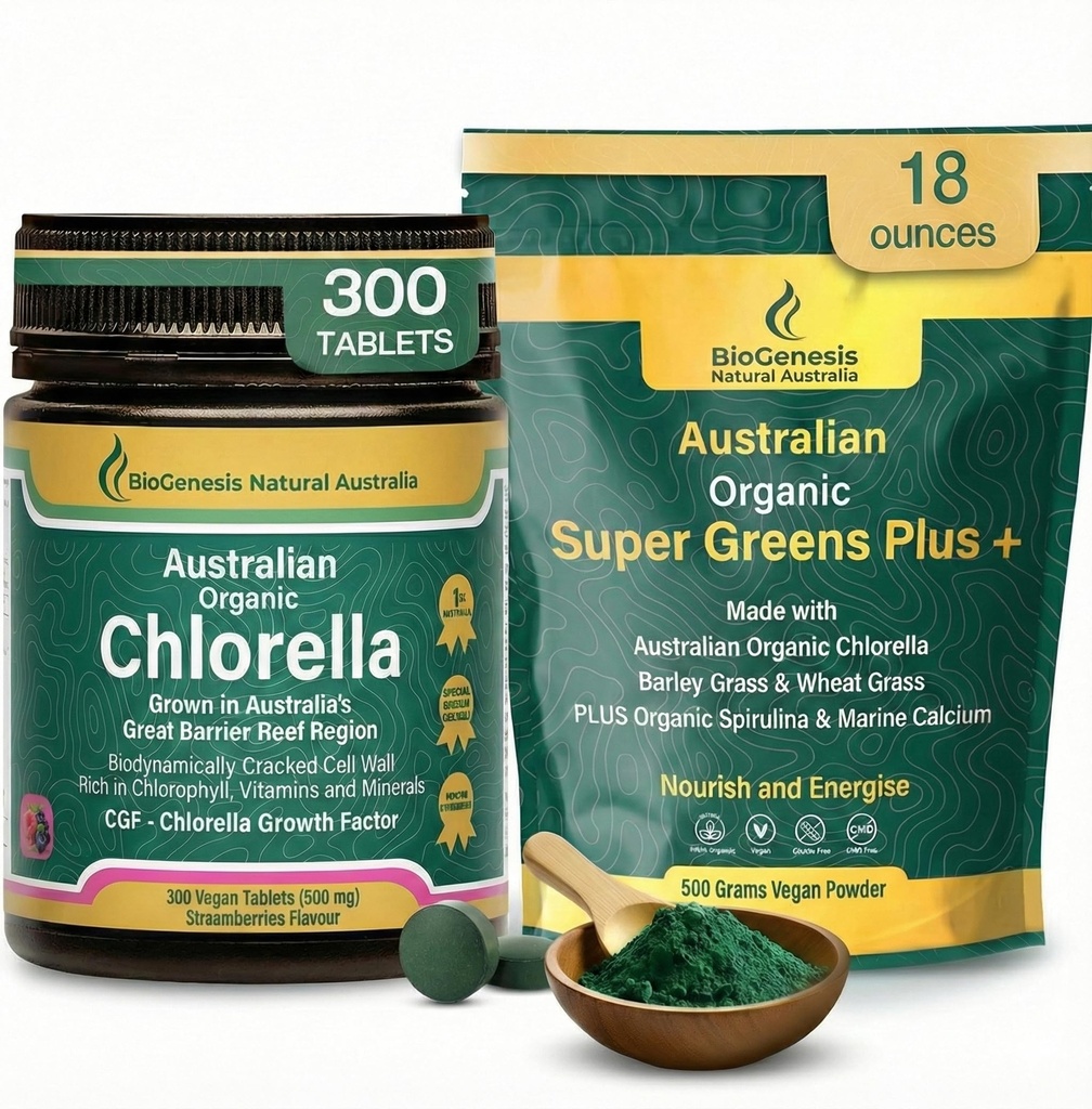Biogenesis Organic Greens Duo: Chlorella Tablets (300ct, Mixed Berries) and SuperGreens Powder (500g, Unflavored). Contains Spirulina, Wheatgrass & Barley Grass. Australian Made, Vegan & Non-GMO