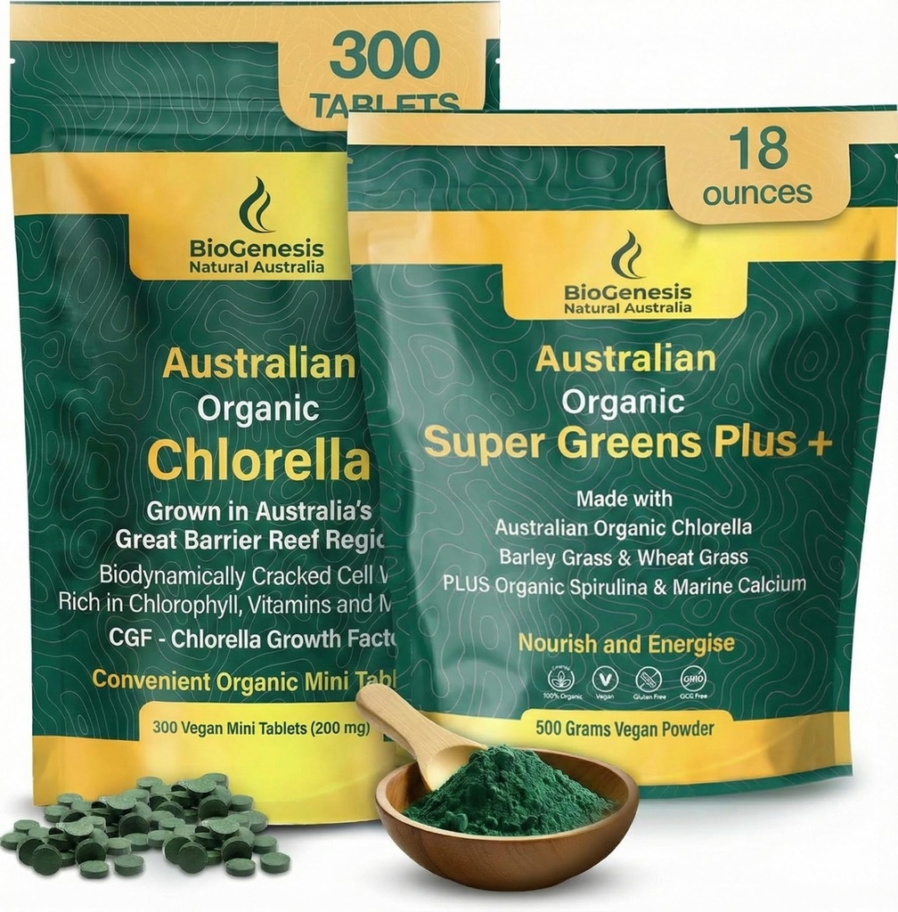 Biogenesis Energy & Immunity Set – Includes Organic Chlorella Mini Tablets (300 Count) and SuperGreens Plus Powder (500g) – Nutrient-Dense Australian Greens for Daily Vitality